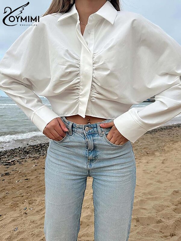 Oymimi lässig weißes Revers Damen hemd Sommer Langarm Einreiher Hemden Mode solide geraffte Ernte Blusen Streetwear