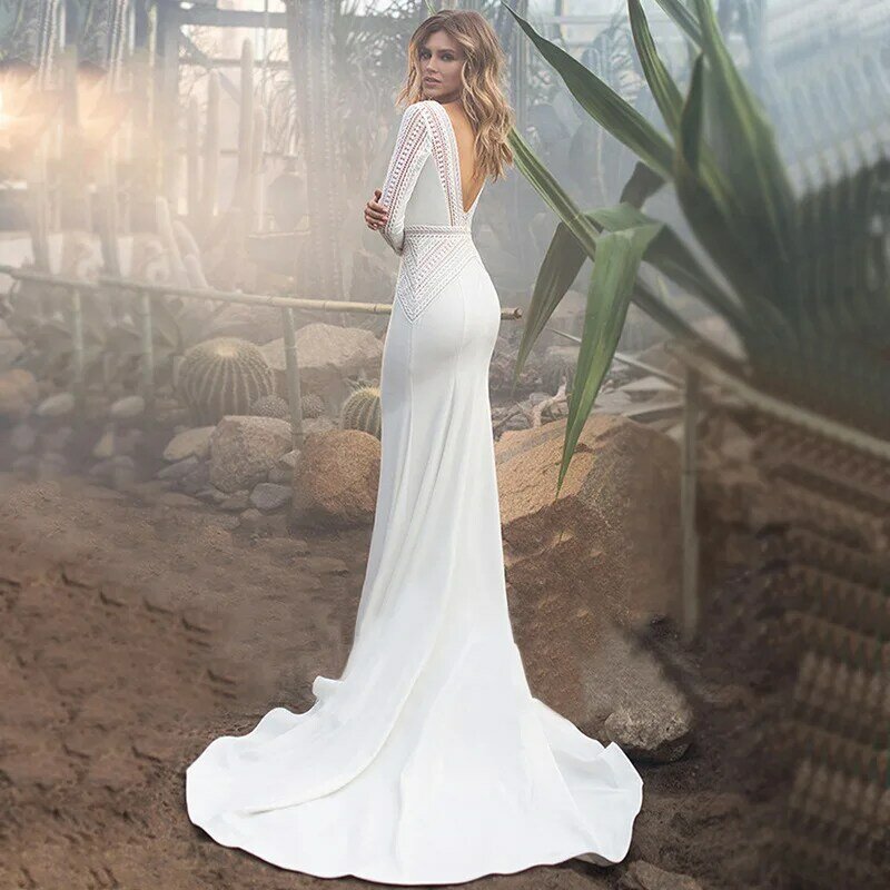 Vestido de noiva estilo boho com renda floral, mangas compridas, decote V profundo, estilo sereia, 2024