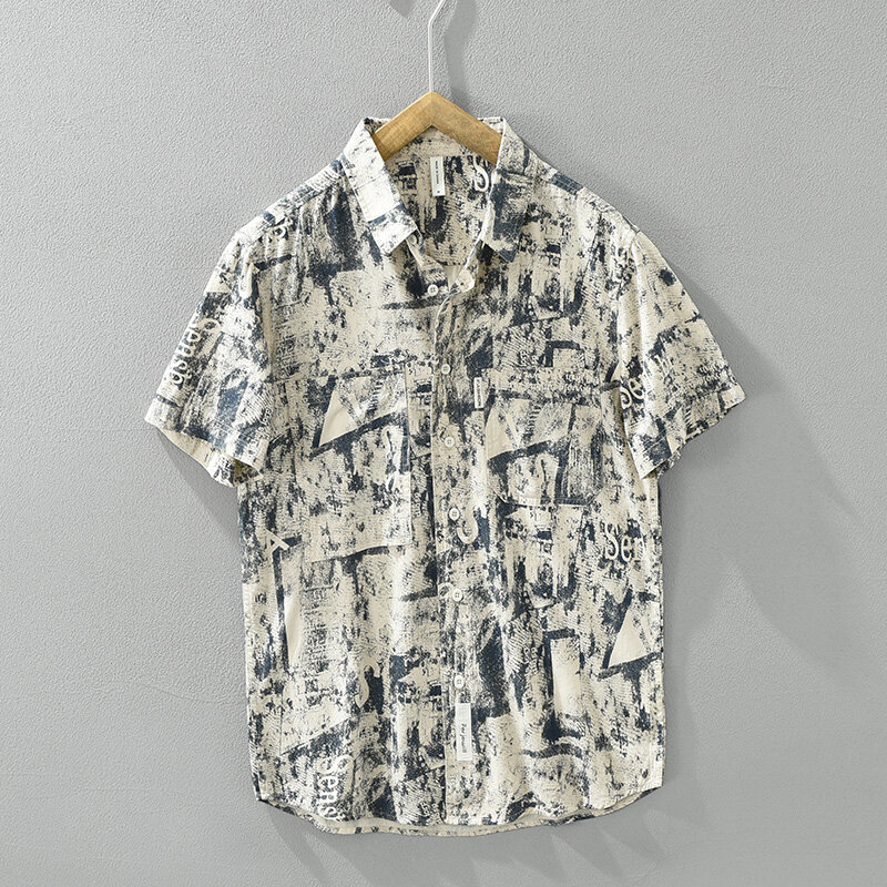 Camisas soltas de algodão de manga curta masculina, estampadas, plus size, casual, verão, novo, 2022