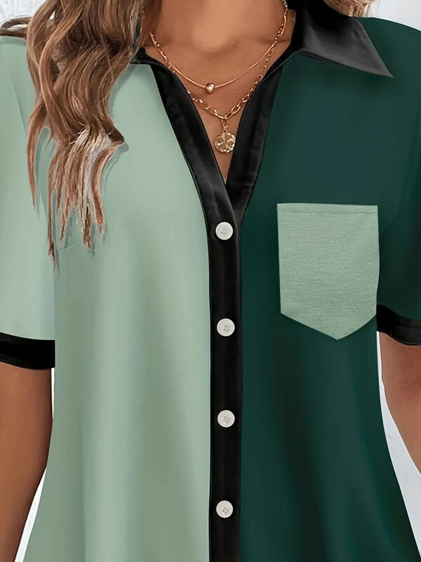 Tamanho grande blusa casual para as mulheres, camisa de manga curta com botão e gola, bloco cor
