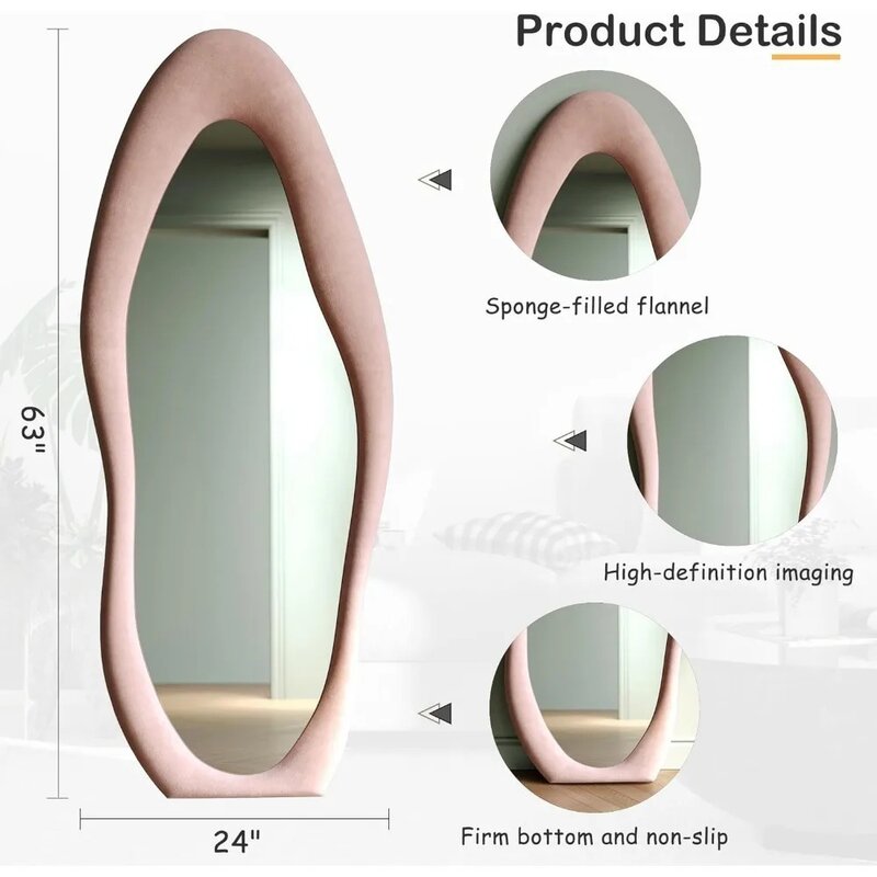 Full Length Mirror,Flannel Wrapped Wooden Frame Full Body Mirror, Irregular Wavy Mirror Hanging or Leaning Against Wall