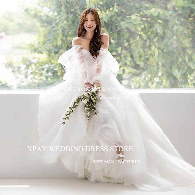 XPAY Sweetheart Korea A Line Wedding Dresses Tulle Long Puff Sleeve Photos shoot Off Shoulder Floor Length Corset Bride Gown
