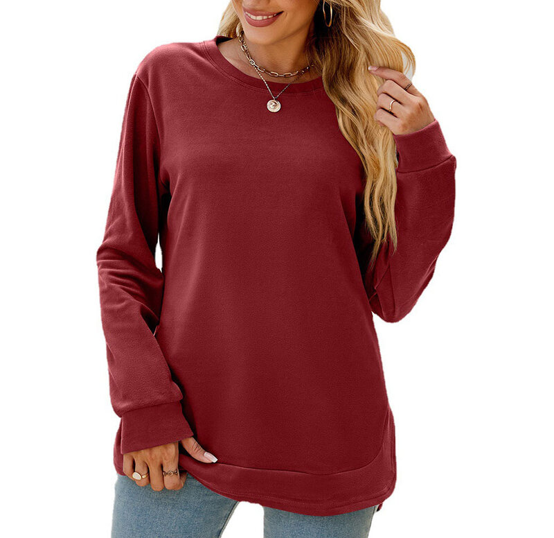 Camiseta para mujer, blusa informal holgada de manga larga con cuello redondo y dobladillo Irregular, otoño e invierno, novedad