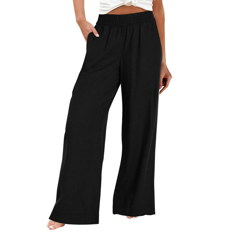 Cotton And Linen Trousers, Summer Wide-Legged Casual Loose High-Waisted Wide-Leg Trousers With Pockets pantalon femme 롱 치마바지