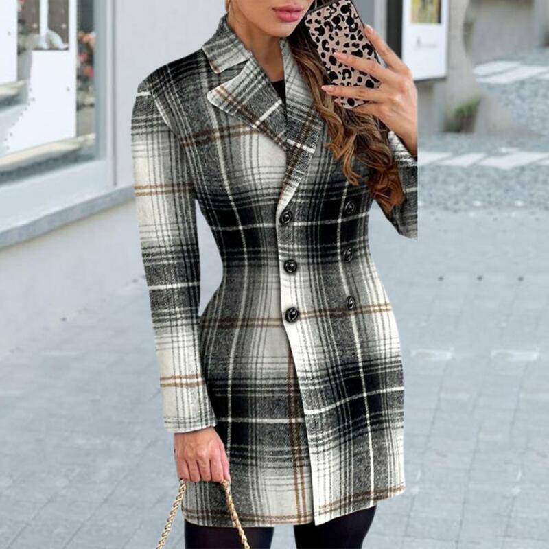 Polyester Suit Coat Stylish Plaid Print Double-breasted Women's Suit Coat Slim Fit Long Sleeve Mid Length for Formal Business