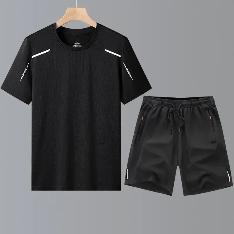 Conjunto esportivo de duas peças de seda gelo masculino, camiseta com gola redonda, manga curta, shorts casuais, estampado, verão