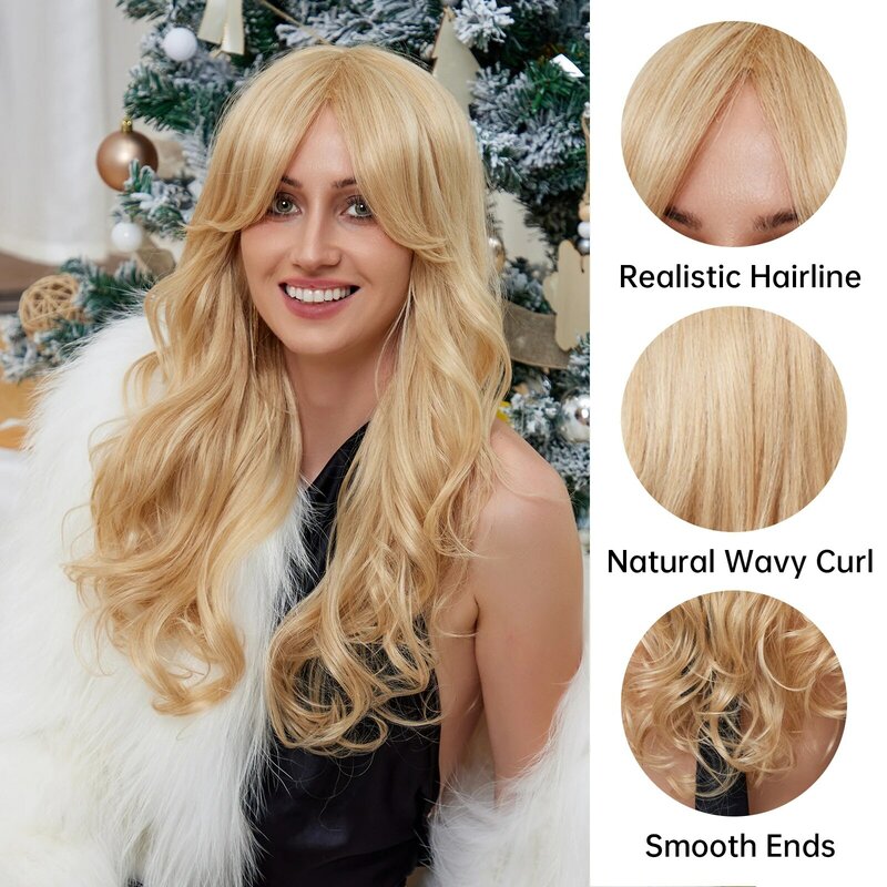 Pelucas de cabello humano para mujer, pelo largo y ondulado, mezcla de rubio dorado, pelo Natural con flequillo, 30% cabello humano con fibra sintética para Cosplay