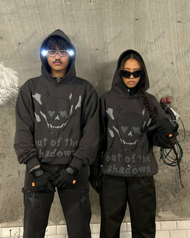 คุณภาพสูง Sweatshirt ใหม่ Y2k เสื้อผ้า Goth Harajuku อะนิเมะ Hoodies ผู้หญิง Dark Skull พิมพ์ Hoodie คู่ขนาดใหญ่ Streetwear