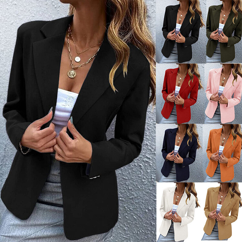 Jaqueta casual de um botão de manga comprida feminina, monocromática