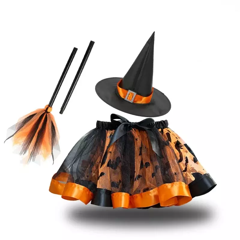 Cosplay Girls Halloween Costume Witch Theme Party Carnival Sorceress Roleplay Clothes Props Print Mesh Tutu Skirt with Hat Broom