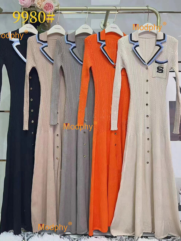 Элегантное тонкое вязаное длинное платье Modphy 2024, женские однобортные дизайнерские винтажные платья с длинными рукавами и надписью на осень