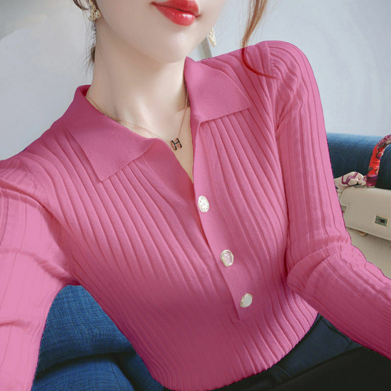 Women Fashion Lapel Solid Color Long Sleeve Button Shirt New Casual Pullovers Loose Young Style Women's Clothing Commute Blouse