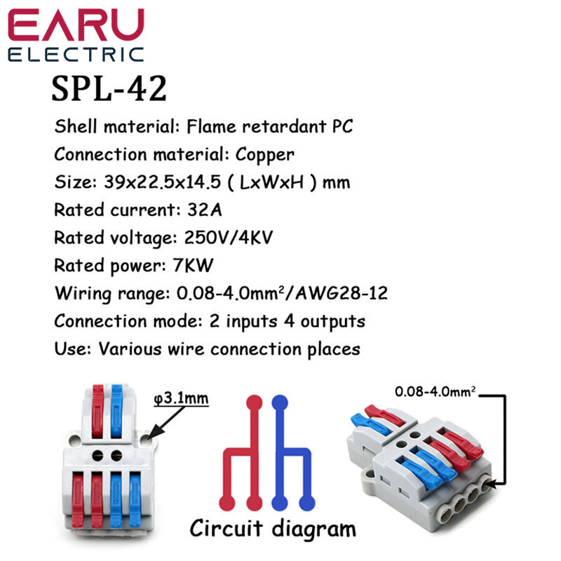 SPL-42/62 2 In 4/6 Out Mini Quick Fast Wire Connector Universal Wiring Cable Connector Push-in Conductor Terminal Block LED Lamp