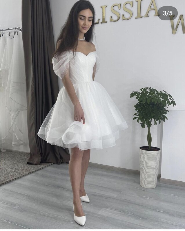 Vestido de noiva curto para mulheres, laço para trás, fora do ombro, comprimento do joelho, personalizado para medir vestidos de noiva