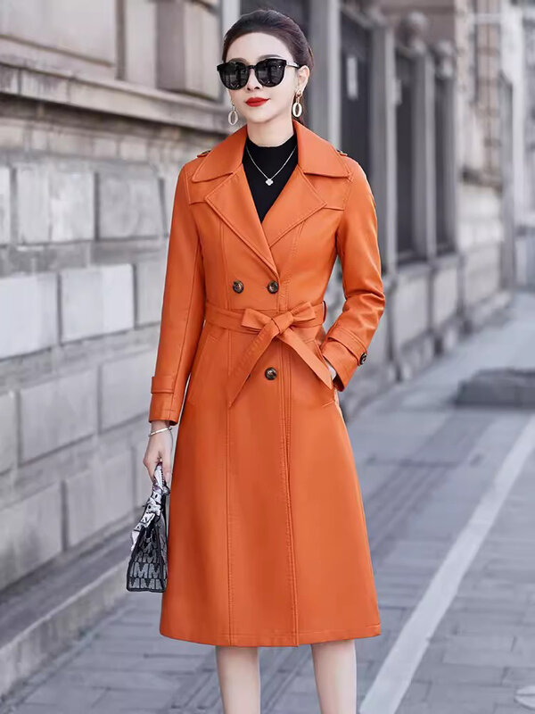 New Women Spring Autumn Leather Coat Fashion Suit Collar Double Breasted Slim Sheepskin Trench Coat Elegant Split Leather Coat