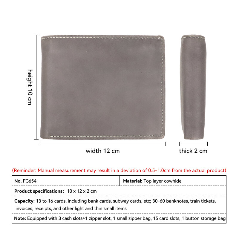 Мужской кошелек из натуральной кожи, винтажный короткий бумажник с отделением для карт, двойной складной держатель ручной работы, сумочка на молнии для мелочей