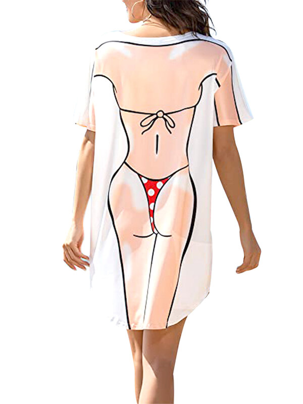 Damska letnie Bikini sukienka z nadrukiem Bikini 3D z okrągłym dekoltem z krótkim rękawem relaksująca odzież plażowa śmieszna koszula Bikini