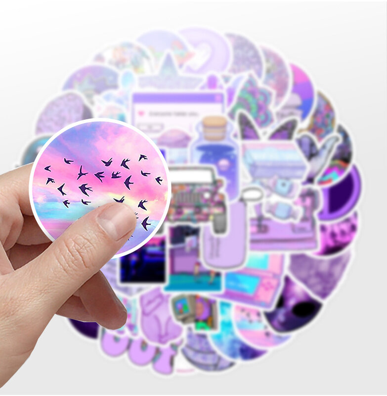 50 pezzi viola piccola serie fresca adesivi Graffiti adatti per caschi per Laptop decorazione Desktop adesivi fai da te giocattoli all'ingrosso
