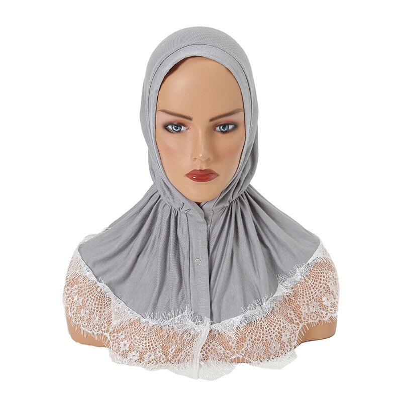 Muslimische weiße Spitze modale Hijab Frauen mit Knöpfen Spitze Hijab Kopf islamische schlichte Schal Abaya Hijabs für Frau Abayas Trikot Kleid