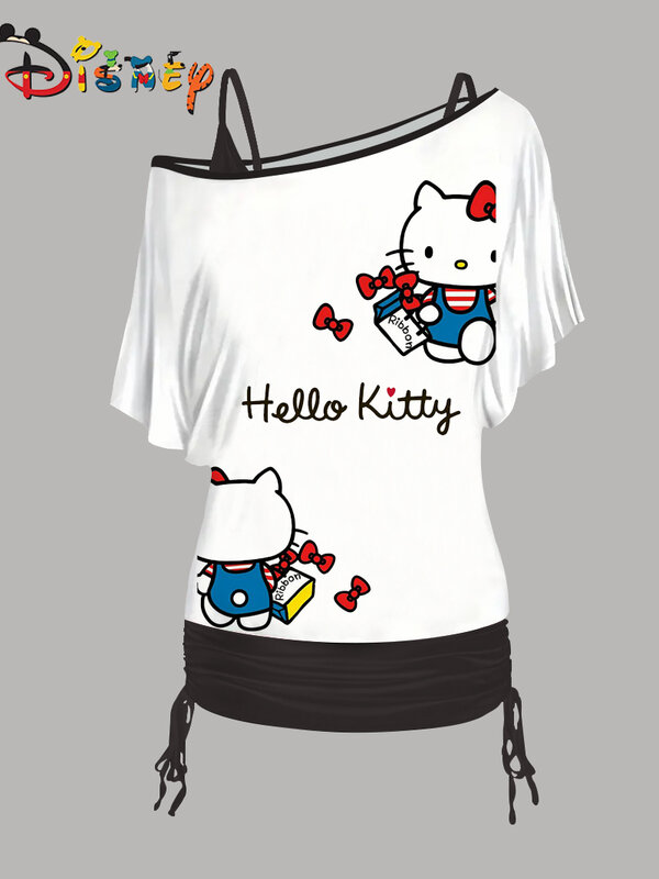 Disney-Conjunto de camiseta feminina e mini saia, tops sensuais, manga de um ombro, Hello Kitty, elegante, roupas femininas, conjunto de 2 peças
