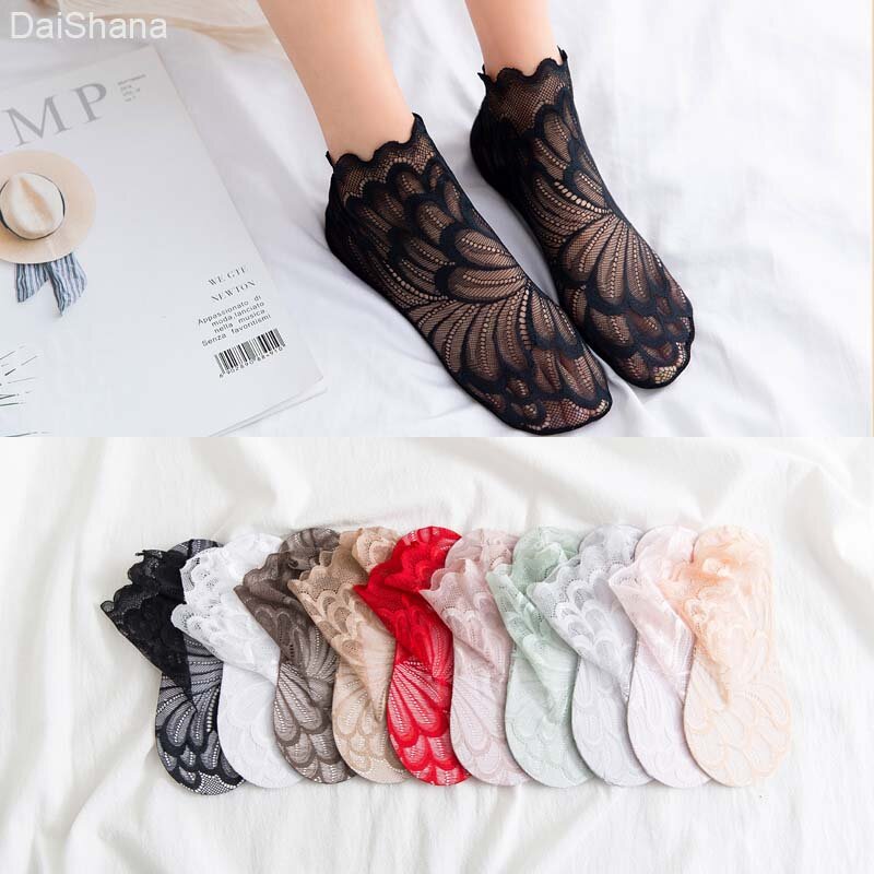 Calcetines tobilleros invisibles antideslizantes para mujer y niña, calcetín de encaje con diseño de flor de pavo real, 5 pares, 10 colores, novedad de 2021