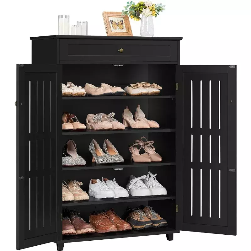 Shoe Cabinet, 5-Tier Shoe Rack Organizer with 1 Drawer, Freestanding Wooden Shoe Storage Cabinet with 2 Louvered Door, Black