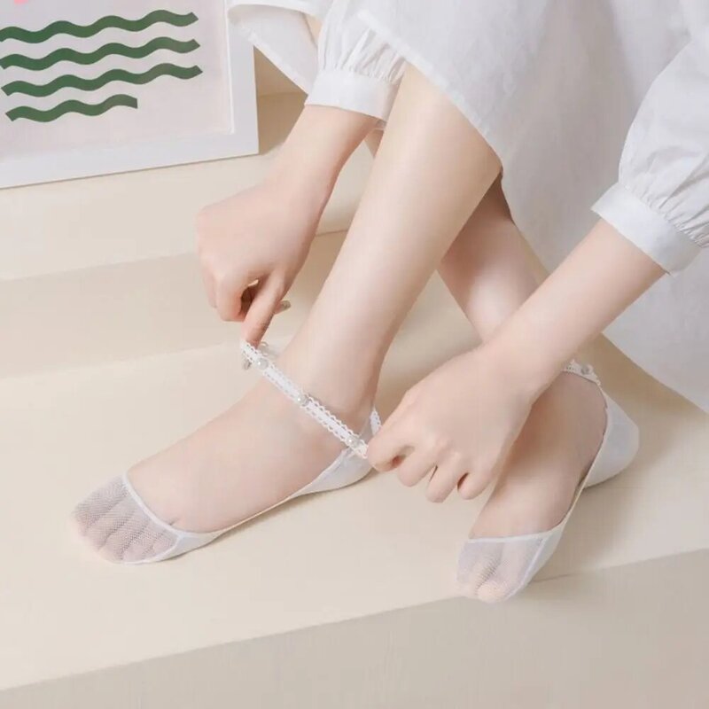 Lolita Pearl Lace Boat Socks Women Anti-Slip Ankle Socks Thin Socks Sweet Shallow Mouth Invisible Socks Female Hosiery