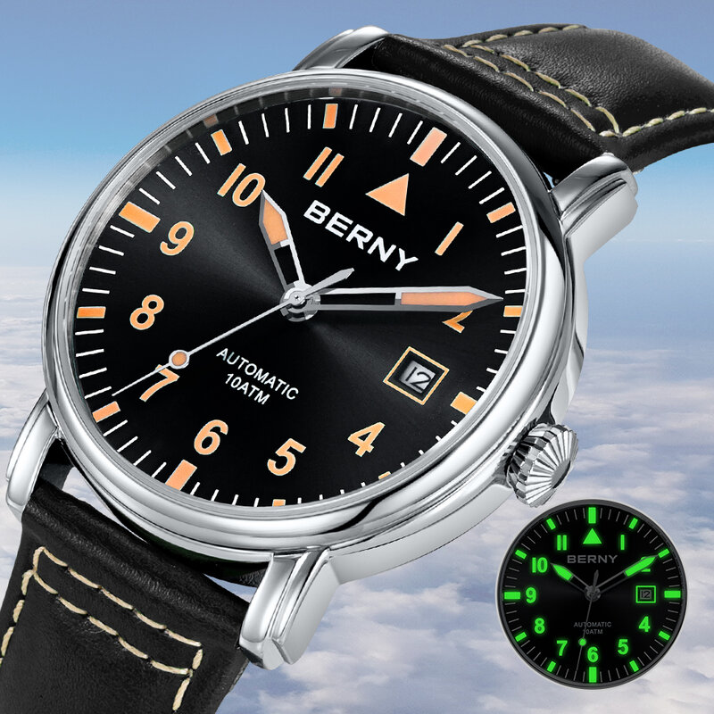 Męski zegarek Pilot automatyczny zegarek wojskowy mechaniczny sportowy szafir świecący wodoodporny lotnik 100m zegarek mechaniczny mężczyzn