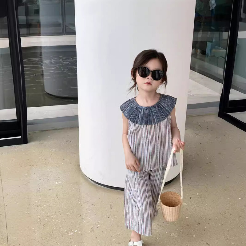 한국 유아 소녀 의류 세트, 코튼 접합 줄무늬 조끼 복장, 느슨한 탄성 허리, 넓은 다리, Pnt 작은 소녀 세트, 여름, 2 개