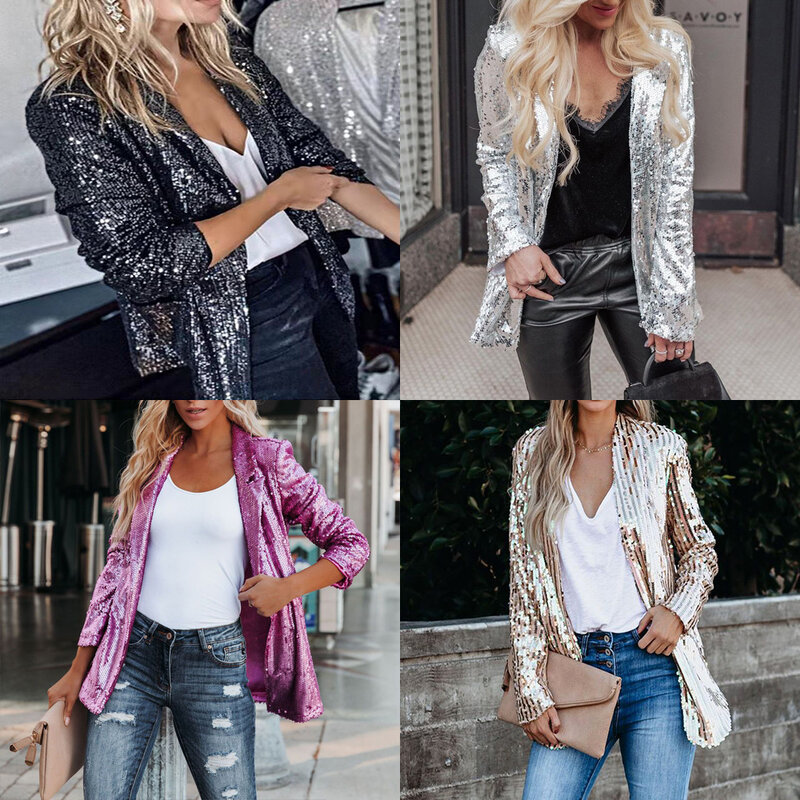Womens Sequins Jacket 2024 New Casual Standing Collar Stylish Solid Color Versatile Coat