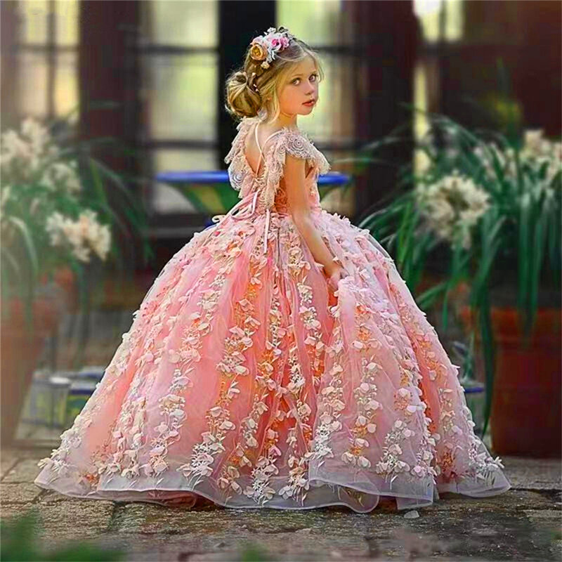 Красивое платье для девочки с цветами, розовое Тюлевое платье без рукавов с ангелом, бальное платье принцессы для первого причастия, подарок на день рождения