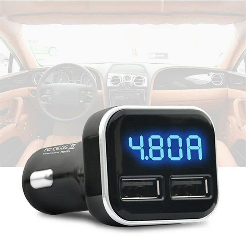 Dual USB Car Charger Adapter 4.8A LED Screen Display Multifunctional Safety Charging