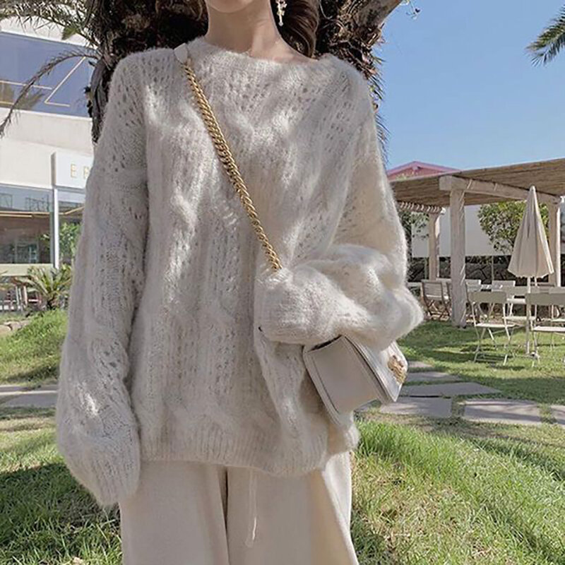 White Hollow Out Sweater Women Hot Sale 2024 Spring Fall New Lazy Style Soft Jumpers Long Sleeve Round Neck Loose Knit Pullover