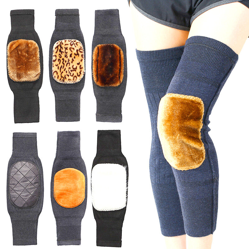 Bantalan lutut kasmir musim dingin pria wanita, 1 pasang pelindung lutut tebal ganda hangat ditambah beludru angin dan dingin