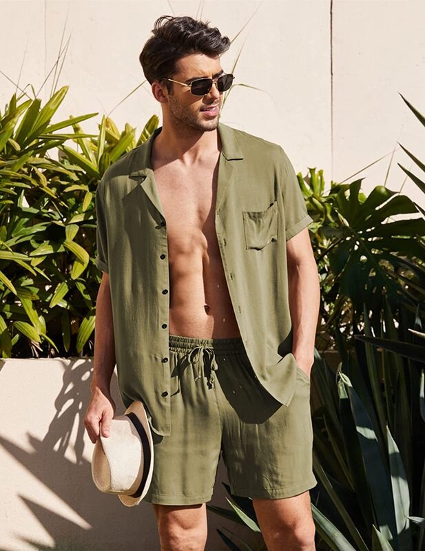 Men's Linen Short-sleeved Shirt Suit Linen Summer Loose Casual Cotton Linen Cardigan Shirt Shorts