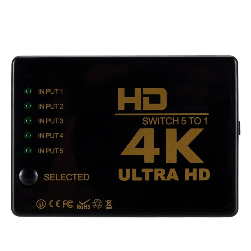 Divisor de cabo compatível com HDMI, adaptador de comutador de vídeo, 5 entradas, 1 porta de saída, Hub para Xbox, DVD, HDTV, PC, laptop, TV, 4K, 5x1, 1080P