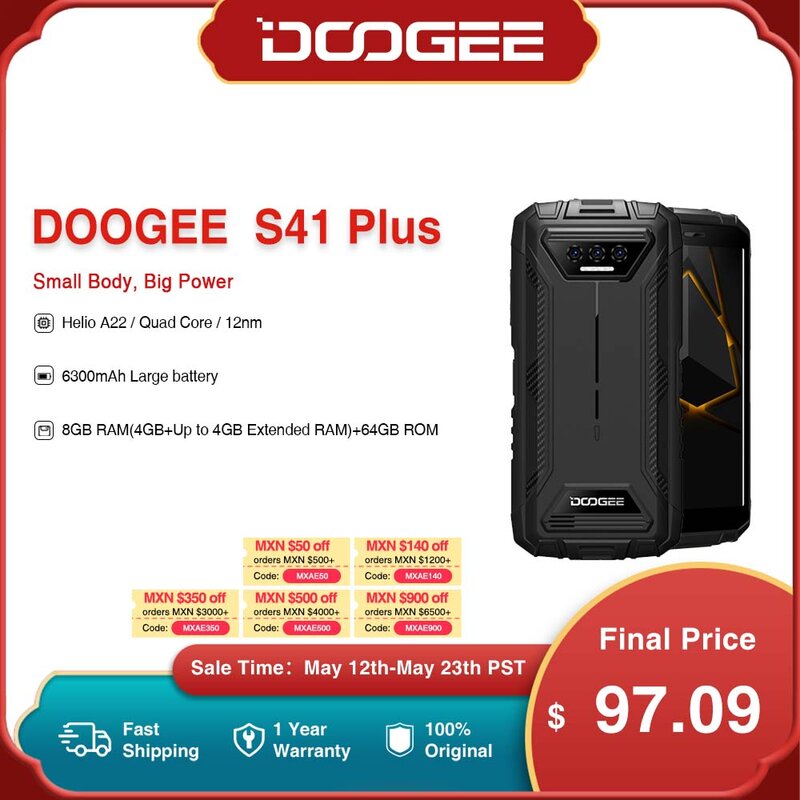 DOOGEE-teléfono inteligente S41 Plus, móvil resistente, pantalla IPS HD de 5,5 pulgadas, 13MP Triple ia de cámara, 8GB de RAM (4GB + hasta 4GB de RAM) + 128GB de ROM, 6300mAh, Android 13