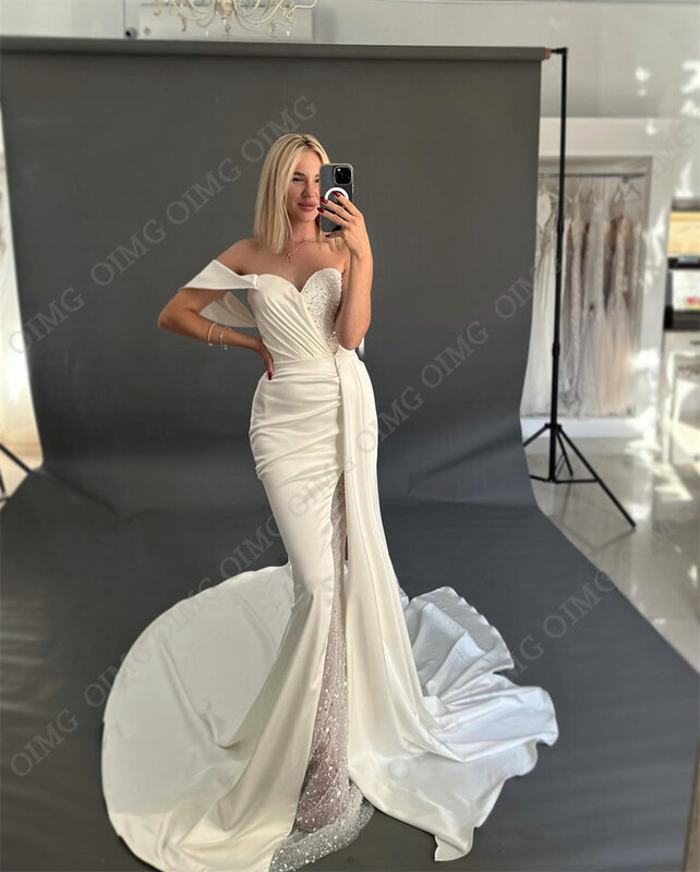 OIMG Vintage Satin Off Shoulder Wedding Dresses Gowns Sequins Mermaid Custom Formal Pricness Bride Bridal Gown Dress