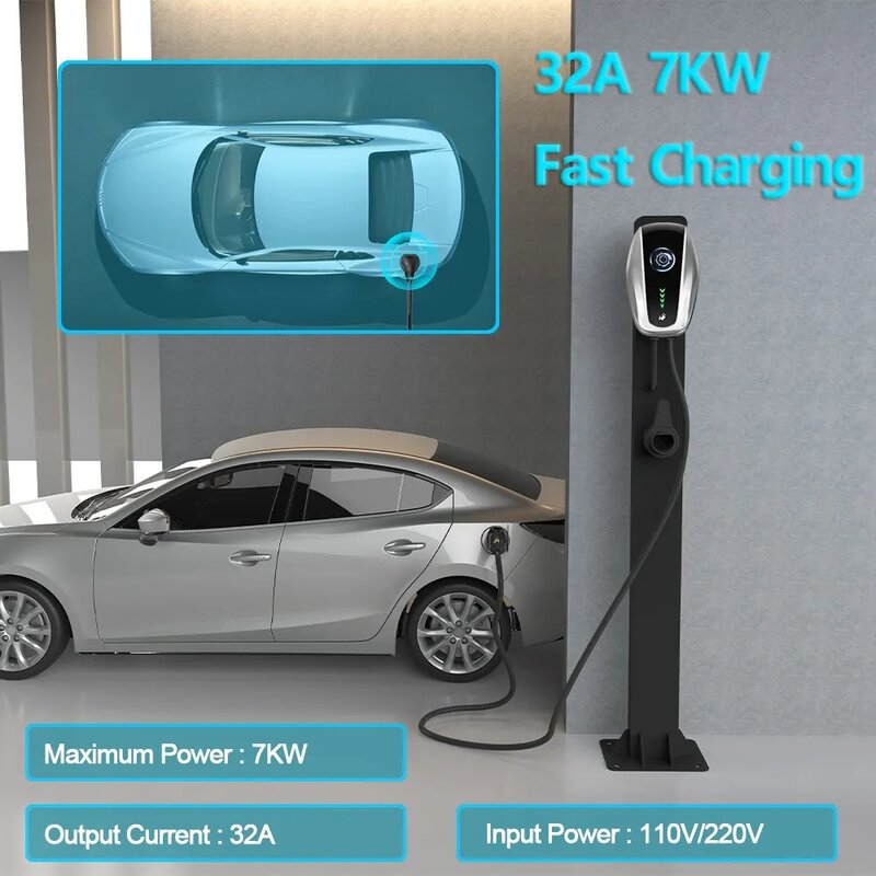 Wallmounted Electric Vehicle Charging Station 32A 1Phase 7KW EV Charger Wallbox Car Fast Charging Adapter SAE J1772 IEC62196