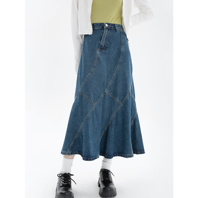 2022ฤดูร้อน Vintage Blue ผู้หญิง Denim ทรัมเป็ตกระโปรง Streetwear สไตล์ลำลองสูงเอวสุภาพสตรียาว Mermaid กระโปรง Jean