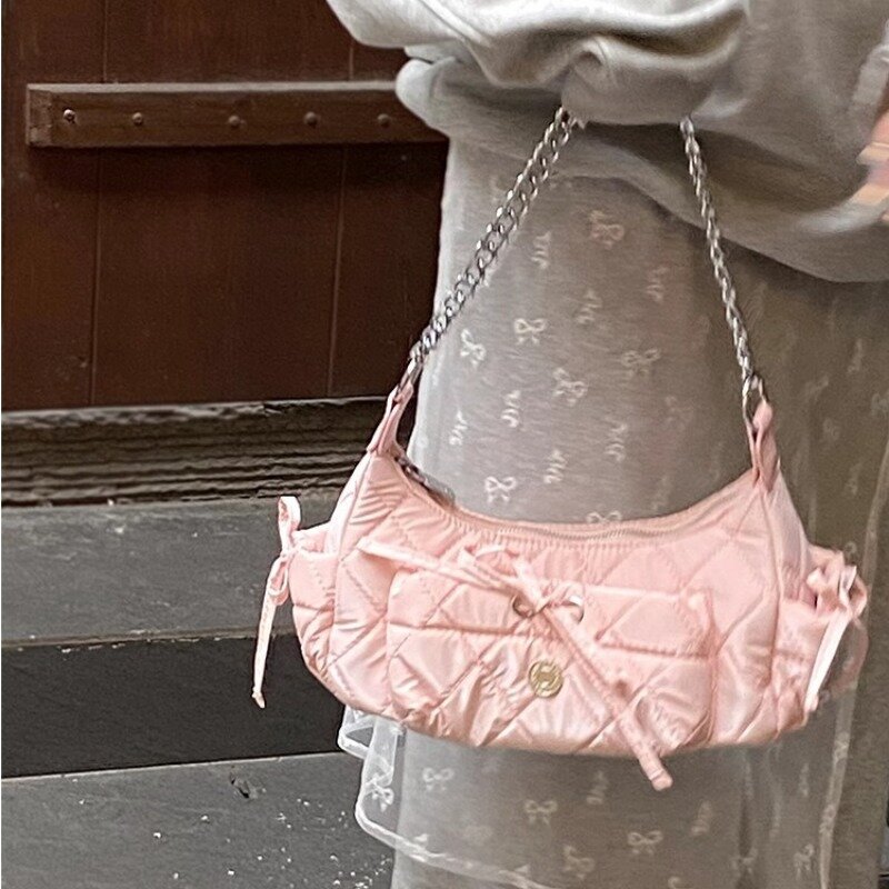 Xiuya Elegant Pink Shoulder Bag for Women Summer Fashion Leather Casual Cute Handbag Chains Hot Girls Daily Gentle Armpit Bag