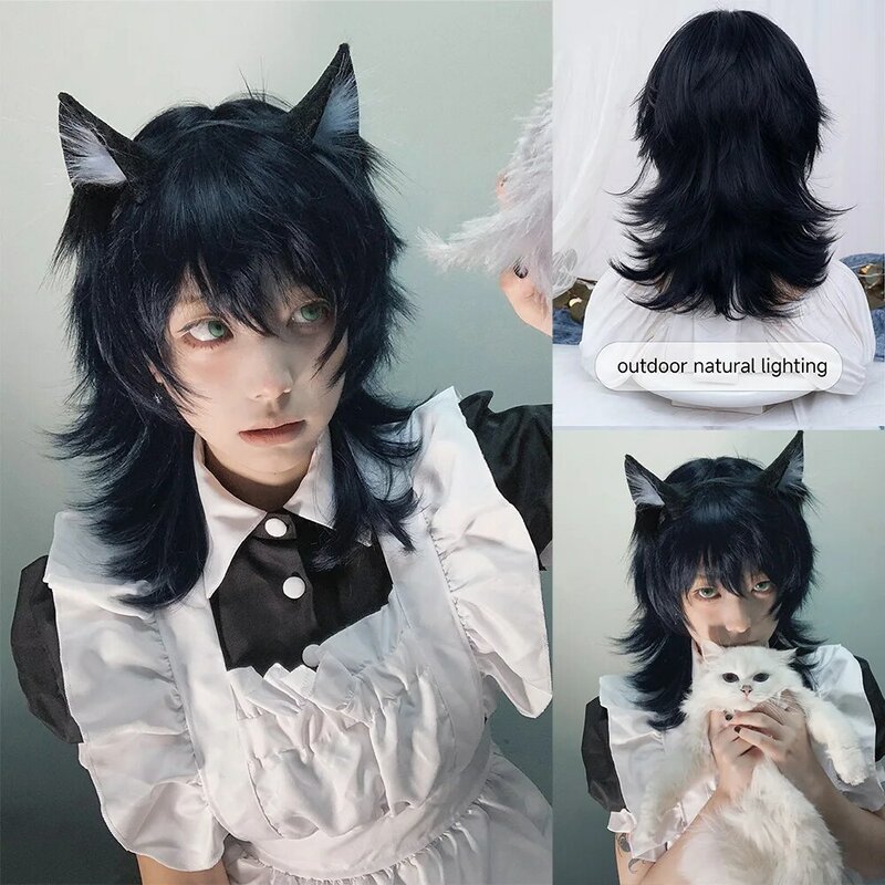 16Inch Blue Black Color Handsome Synthetic Wig With Bang Medium Natural Wavy Hair Wig for Man or Women Cosplay Heat Resistant