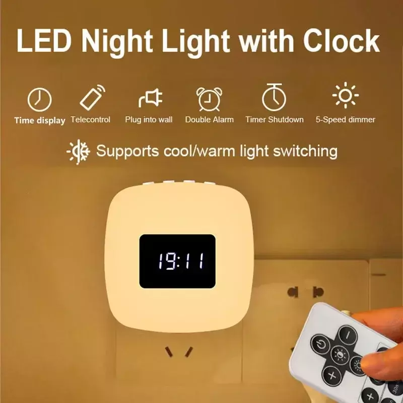Lampu malam LED untuk bayi Natal anak-anak, lampu malam LED dengan Colck kendali jarak jauh Plug ke dinding Sensor sentuh sakelar cahaya cerdas