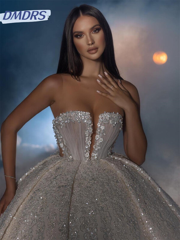 매력적인 스트랩리스 신부 드레스, 2024 고급스러운 민소매 웨딩 원피스, 로맨틱 A 라인 바닥 길이 원피스 드레스