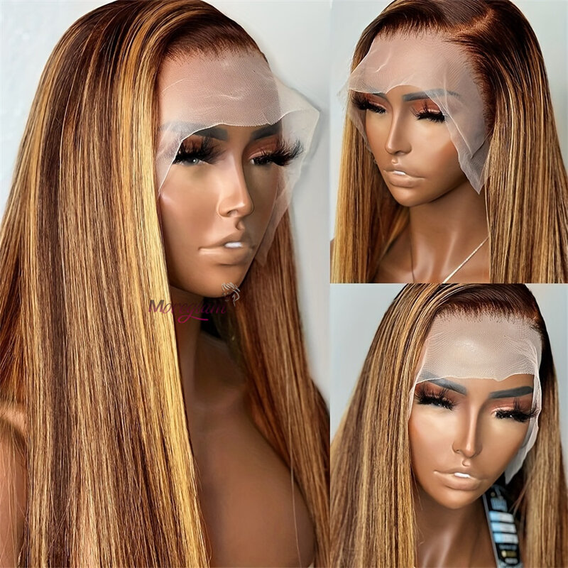 HD Highlight Wig Human Hair Brazilian Glueless Wig Honey Blonde Colored Human Hair Wigs for Women Ombre Straight Lace Front Wig