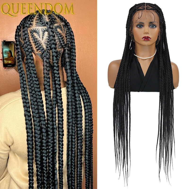 Heart Part Braided Synthetic Wig for African Women 36 Inch Full Lace Knotless Box Braiding Wig Jumbo Cornrow Braid Goddess Wigs