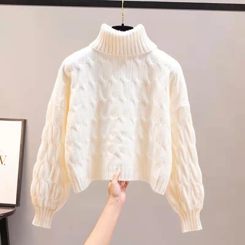 Korean Thick High Neck Sweater Women Fashion Fried Dough Twists Thread Soft Lantern Sleeve Temperament Gentle Solid Winter Top