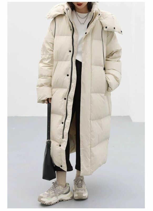 Mantel bertudung untuk wanita, mantel panjang sedang tahan angin kerah berdiri longgar hangat kasual warna putih bebek musim dingin
