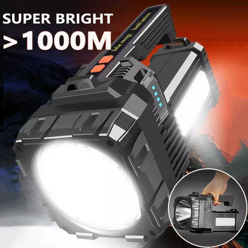 Solar e USB rápido carregamento LED trabalho luz, alta Lumen lanterna, função de banco de potência, tocha holofote, lanterna impermeável Spotlight
