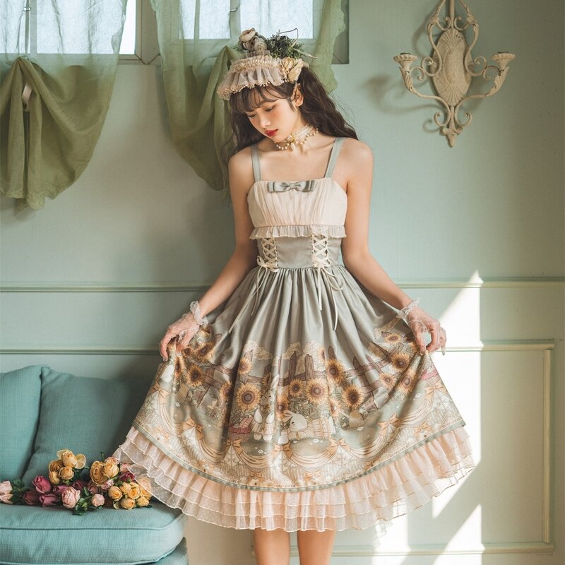 ญี่ปุ่นหวาน Kawaii Jsk Lolita ผู้หญิงวินเทจ Vintage Sunflower Story Jsk การ์ตูนฤดูร้อนโบว์สด Tea Party Dresses